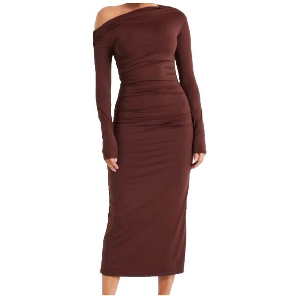 Meshki Christabel Asymmetric Off Shoulder Ruched Midi Dress S Dark Brown - Picture 1 of 16
